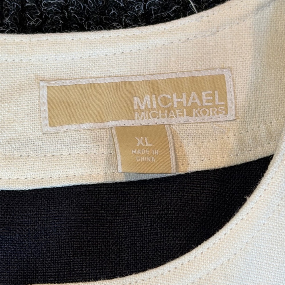 Michael Michael Kors Linen Shift Dress Navy Blue Cream Trim XL 100% Linen Lined - Picture 3 of 7